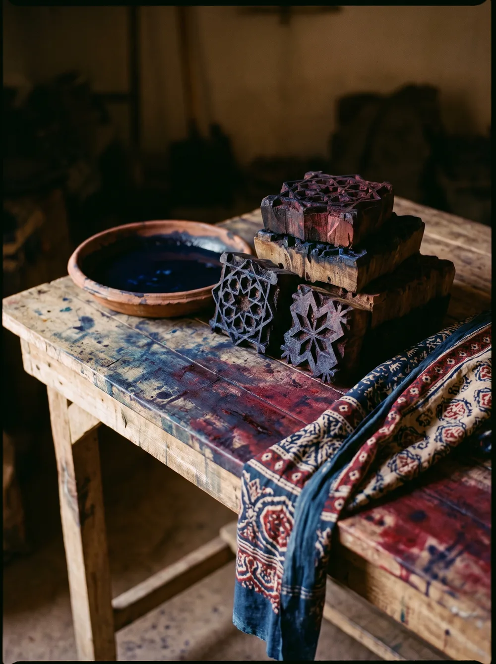 Hand-carved wooden ajrak printing blocks stacked on a dye-stained table beside a bowl of indigo, printed cloth folded alongside