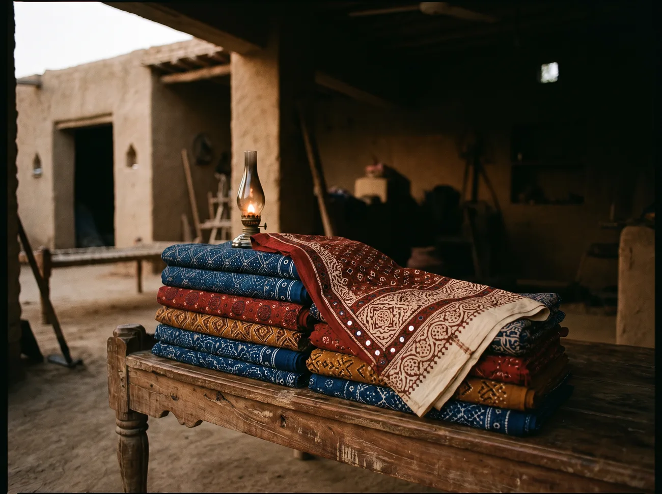 Folded lengths of indigo, madder and ochre Sindhi cloth stacked on a carved wooden table by lamplight, an ajrak border with mirror work on top